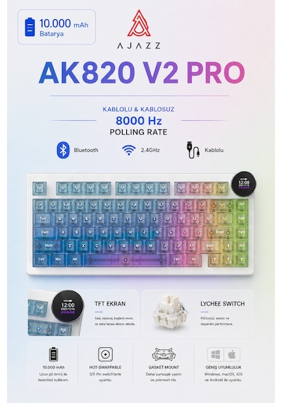 Ak820 V2 Pro 8k+8k Ekranlı Mekanik Oyun Klavyesi-10.000 Mah Batarya