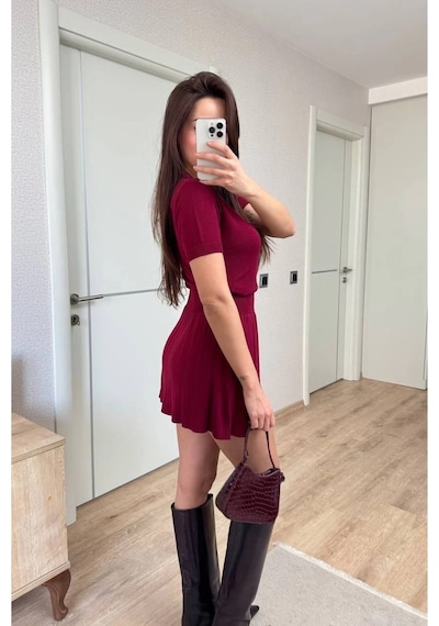 Kadın Kısa Kollu Bluz Mini Etekli İkili Takım Triko - Bordo