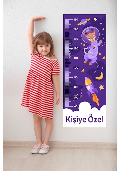 Kişiye Özel Yavru Geyik Temalı Dekoratif Çocuk Boy Ölçer Sticker Duvar Cetveli Takip Çizelgesi Mor