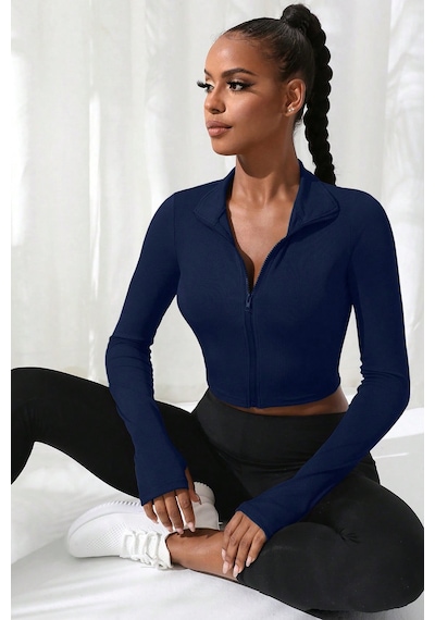 Angbutik Kadın Lacivert Uzun Kol Fermuarlı Parmak Geçme Detaylı Dik Yaka Crop Top Bluz
