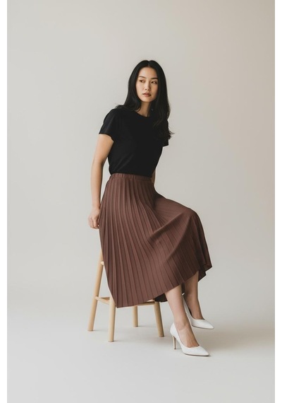 Eren Style Pileli Pamuklu Dokuma Viskon Kışlık Etek 95 Cm - 38-48 Kahverengi