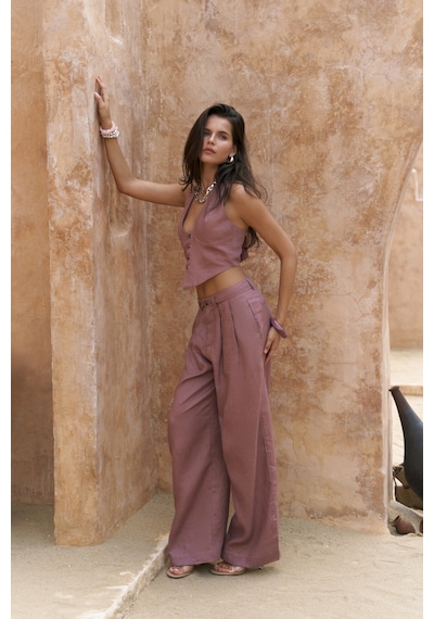 Mai Collection Mai Studios Co. Lvdovila Açık Bordo Keten Crop Yelek Pantolon Takım Acık Bordo