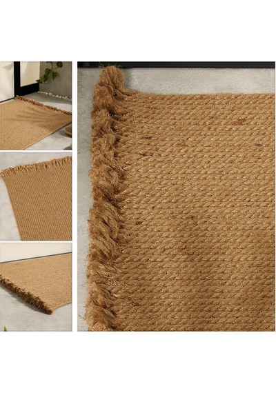 Ocean Home Textile Saçaklı Jüt Halat Çok Amaçlı Dekoratif İç Dış Kapı Önü Paspası 74 x 50 CM Kahverengi