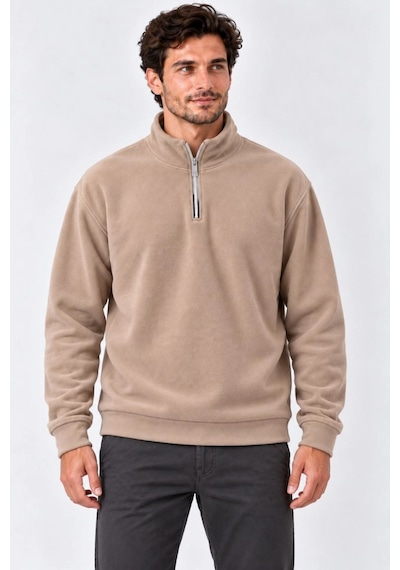Moda Erkek Polar Dik Yaka Yarım Fermuarlı Uzun Kollu Regular Fit Kışlık Sweatshirt - Bej Çok Renkli