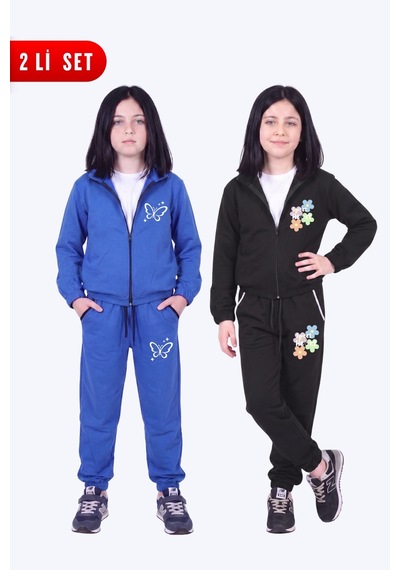 Fyk Kids Kız Çocuk 2'li Baskılı Dik Yaka Çift Cepli Fermuarlı Eşofman Takımı Sax-siyah