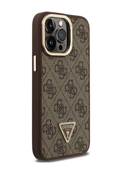 Apple Uyumlu iPhone 14 Pro Max Kılıf Guess Lisanslı Üçgen Logo 4g Desenli Kamera Standlı Kapak Kahverengi