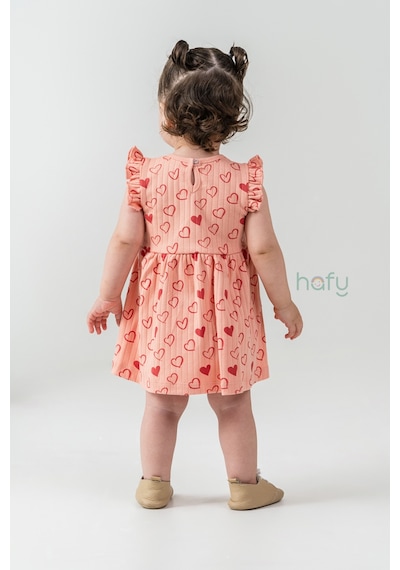 Hafy Baby Fırfır Kollu, Kırmızı Kalp Desenli, Yazlık Kız Çocuk / Bebek Elbisesi Yavruağzı