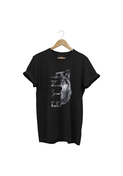Türkiye Bozkurt Göktürkçe Türk Yazısı Ve Kurt Baskılı Regular Fit %100 Pamuk Siyah T-shirt Siyah
