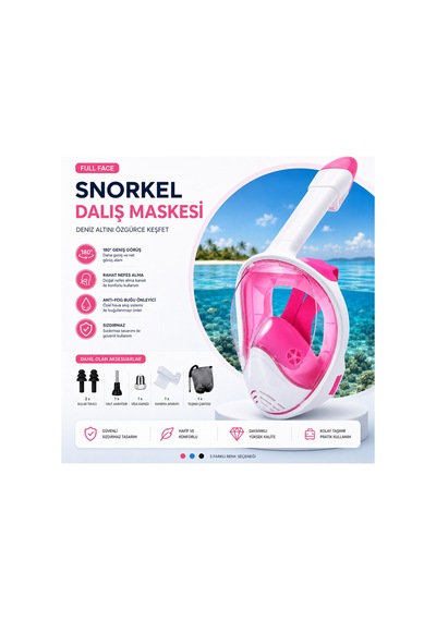 Şnorkel L/xl Beden Dalış Maskesi Full Face Tam Deniz Altı Keşif Maskesi Pembe - 818976686 Pembe