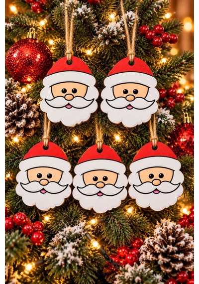 5 Li Noel Baba Yılbaşı Çam Ağacı Süsü Büyük Boy 9x9 Cm 2d Mdf Asılabilir Çam Ağacı Dekoru Diğer