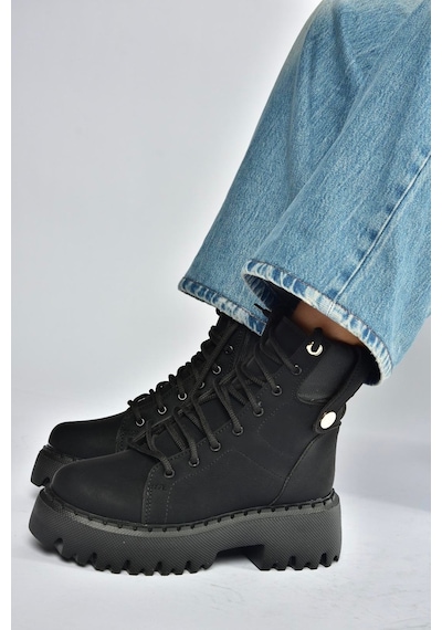 Fox Shoes R973970101 Siyah Kalın Tabanlı Kadın Postal Bot Siyah-Suni Deri