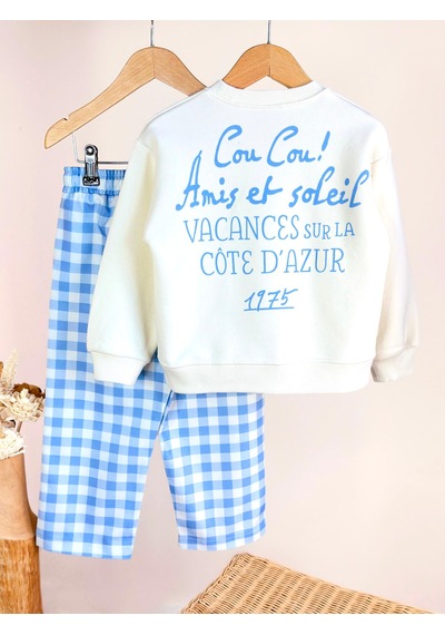 Elzo Collection Kız Çocuk Figür Desenli Ekru Sweatshirt Mavi Kareli Gabardin Denim Şardonsuz Alt Üst Takım Ekru - Mavi Elzo Collection Kız Çocuk Figür Desenli Ekru Sweatshirt Mavi Kareli Gabardin Denim Şardonsuz Alt Üst Takım Ekru - Mavi