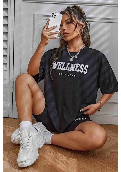 Merry See Wellness Baskılı Soft Kısa Kollu Şortlu Alt Üst Takımı Siyah 001