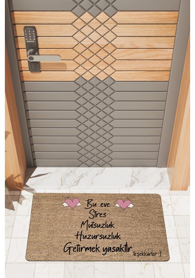 Rugmood Modern Dijtal Baskı Kahverengi Bu Eve Stres Mutsuzluk Yasak Kapı Önü Paspası