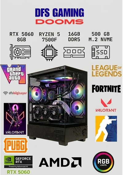Dfs Gaming Dooms R5-7500F 16 GB 512 GB SSD RTX5060 Dos Masaüstü Oyuncu Bilgisayar
