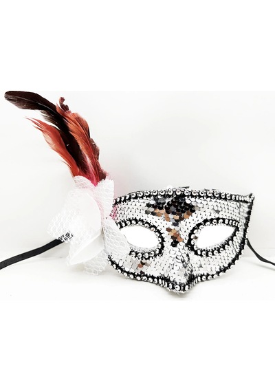 Gümüş Renk Yandan Tüylü Güllü Gümüş Taşlı Pullu Maske 20x22 Cm 2 Yaş Mavi