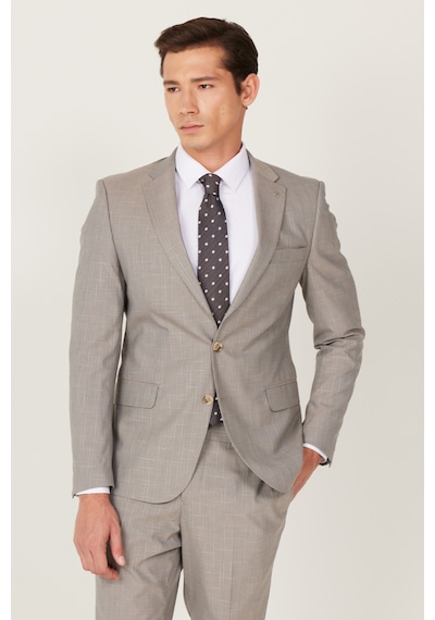 Altınyıldız Classıcs Erkek Bej Ekstra Slim Fit Dar Kesim Mono Yaka Desenli Takım Elbise