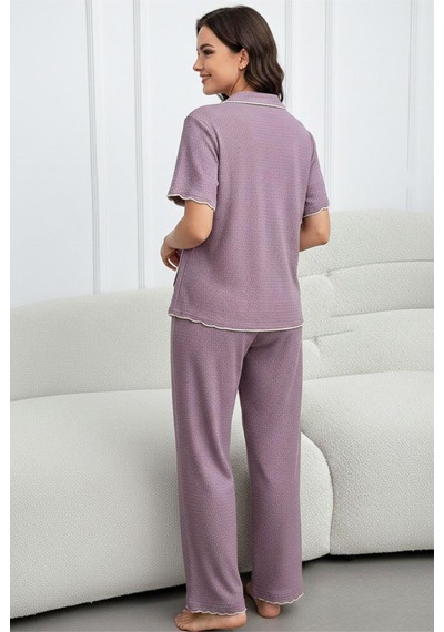 Siyah İnci Cepli Bürümcük-krınkıl Kısa Kollu Düğmeli Örme Pijama Takım 7940 Mor