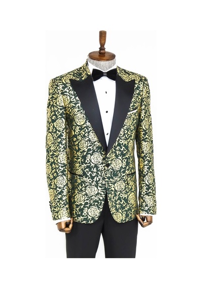 Wessi Gold Gül Desenli Slim Fit Yeşil Erkek Smokin Ceket Yeşil