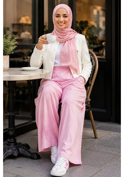 Hb Harma Time Butik Kadın Beli Lastikli Çilek Kumaş Pembe Salaş Pantolon Pembe Pembe