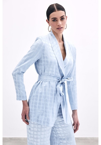 Sateen Kare Desenli Kuşaklı Ceket - Bebe Mavi-135792 Bebe Mavi