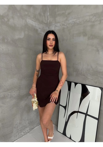 Moda Kadın Askılı Şifon Mini Elbise Drapeli Bel Vücuda Oturan Yazlık Şık - Kahverengi Çok Renkli
