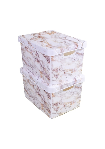 Style Box Marble Plastik Dekoratif Kutu Seti - 2x 20 Litre Mor Çok Renkli