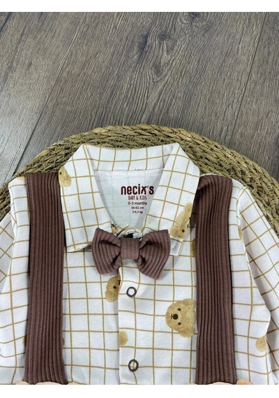 Bebicix Kaşkorse Esnek Papyonlu Ayıcık Figürlü Patikli Çıtçıtlı Erkek Bebek Tulum Kahverengi