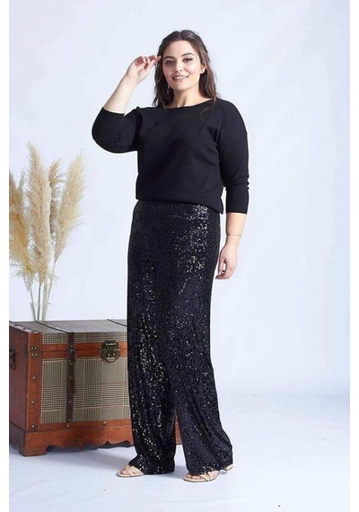 Moda Berray 4024 Siyah Payetli Büyük Beden Pantolon Siyah