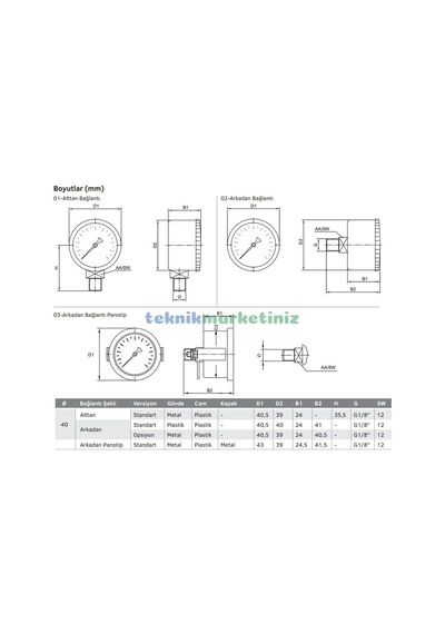40MM -760MMhg Panotip Arka Çıkış G1/8" Kurutip VakuMMetre Pakkens
