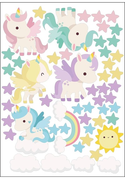 Rengarenk Unicornlar Ve Gökkuşağı Duvar Sticker Seti - Güneş, Yıldızlar Ve Bulutlar Çocuk Odası Dekoratif Çıkartma