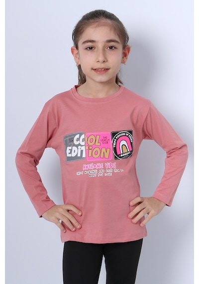 Hçm Kız Çocuk Uzun Kollu Tshirt 4 Mevsim Bisiklet Yaka Cool Edition Baskılı D45 Pudra