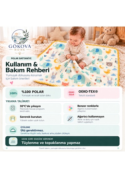 Ay Yıldız ve Hayvan Desenli Çoban Dikişli %100 Polar Bebek Battaniyesi 80x100 CM Oeko-tex Çok renkli
