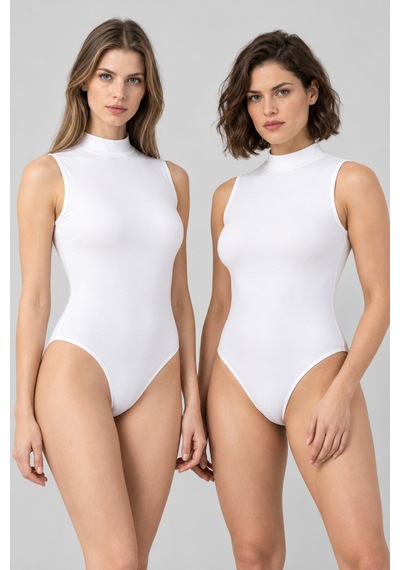 Loule Kadın 2'li %95 Pamuklu Dik Yaka Kolsuz Alttan Kancalı Body Beyaz