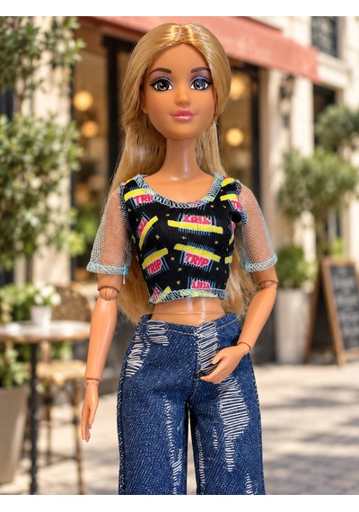 Halley File Kollu Baskılı Bluz Desenli Kot Pantolonlu Moda Bebek Oyuncak - Sarı Saçlı - Eklemli Vücut