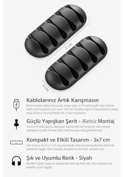 Ayrex Kyrotech 3 Adet Kablo Tutucu Seti Her Biri 5 Kablo Kapasiteli / Yapışkanlı Kablo Klipsi, Masa Üstü Kablo