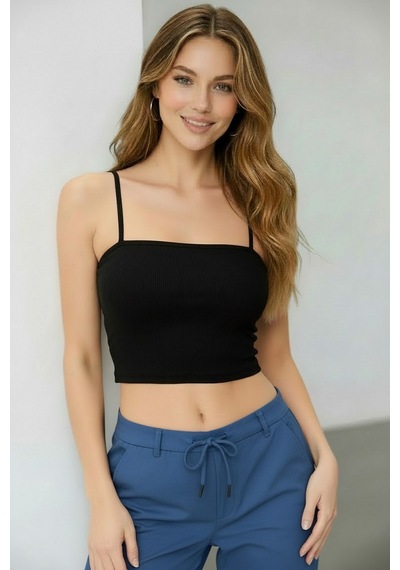 Fb Sister İp Askılı Fitted Fitilli Crop - Siyah Siyah