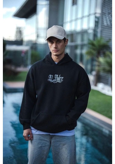 Üç İplik Penye Kapşonlu Baskılı Sweatshirt - Siyah -