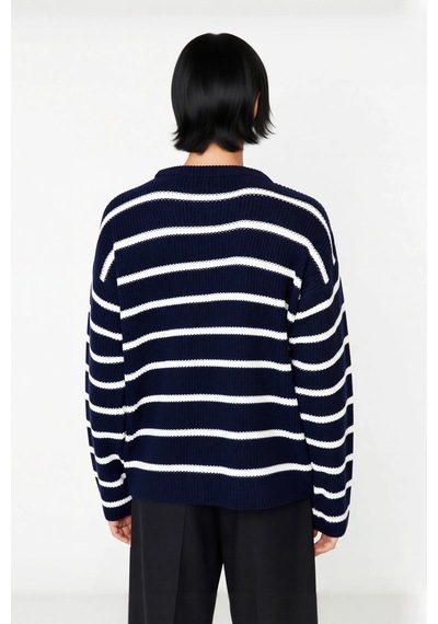 Frm Casual Erkek Kalın Triko Dokulu Bisiklet Yaka Çizgili Oversize Se Lacivert