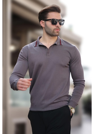 Madmext Gri Polo Yaka Düğmeli Uzun Kollu Kazak 7269 Gri