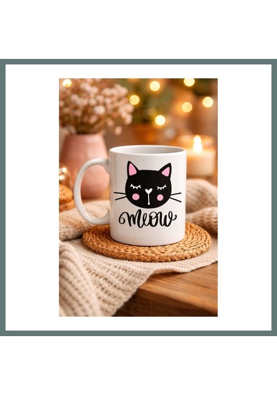 Bezos Sevimli Kedi Desenli Porselen Kupa Model 63 Meow Yazılı Kahve & Çay Keyfi İçin Tatlı Tasarım Ventra Diğer