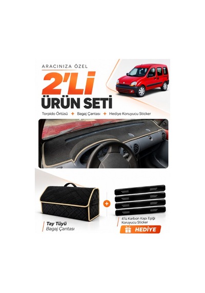 Renault Kangoo 1 1997-2003 Uyumlu Torpido Örtüsü + Tay Tüyü Bagaj Çantası + Sticker - Siyah Bej