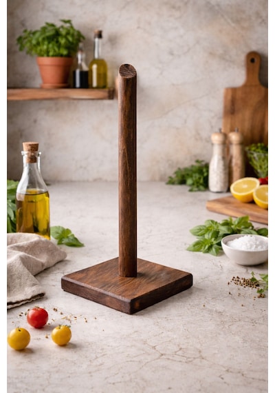 Famwoodart Kare Doğal Ahşap Kağıt Havluluk , Rulo Kağıt Havluluk %100 Çam 11x11x27 Cm Ceviz Kahverengi