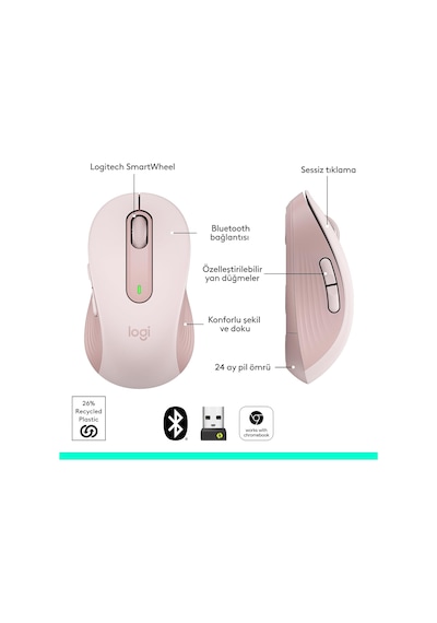 Signature M650 Kablosuz Mouse, Küçük Ve Orta Boy Sağ El İçin, 4000 Dpı, Sessiz, Bluetooth, Logi Bolt Usb Alıcı, 2 Genel