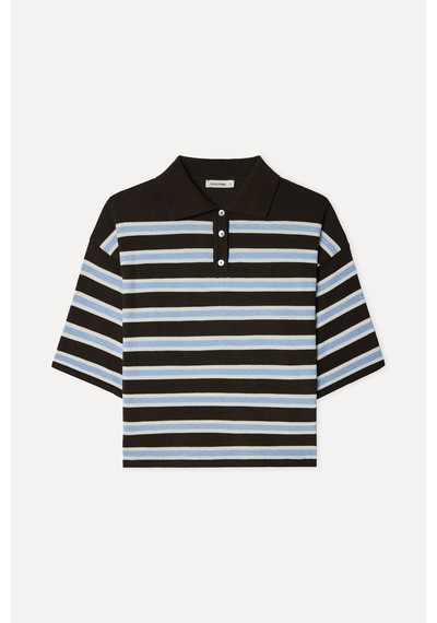 Mudo Kadın Kadın Kahverengi Çizgili Loose Fit Polo Yaka Kısa Kollu Kazak 1271367