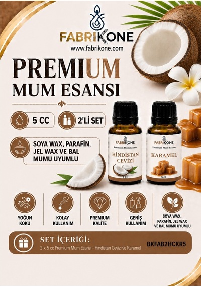 Premium Mum Esansı 5 Cc 2'li Set - Hindistan Cevizi, Karamel - Soya Wax, Parafin, Jel Wax Ve Bal Mumu Uyumlu Bkfab2hckr5 Karışık
