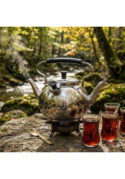 Yek Outdoor N 20 Çift İbrikli Lüks İşlemeli Alüminyum Çaydanlık 2,5 Litre Gri