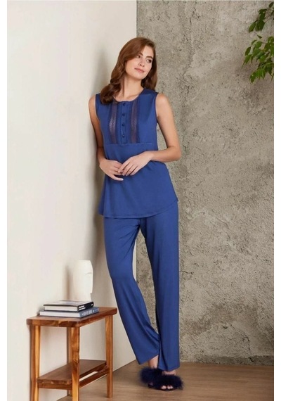 Pierre Cardin 2800 Kadın Lacivert Dantelli Penye 3'lü Sabahlıklı Pijama Takım 001