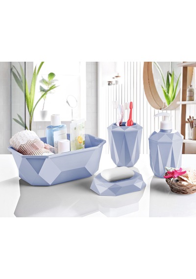 Geometrik Tasarımlı 4 Lü Banyo Seti Sabunluk Diş Fırçalık, Sıvı Sabunluk Sepet Açık Mavi