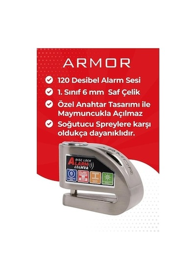 Armor 606mva 6 Mm Renkli Alarmlı Disk Kilidi - Metalik Diğer